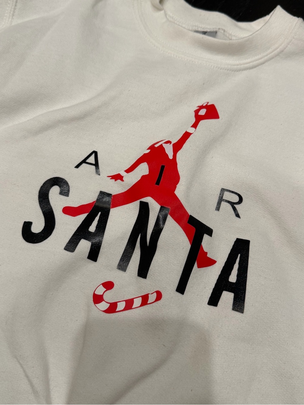 Gildan White Crewneck with Red and Black 'Santa' Graphic